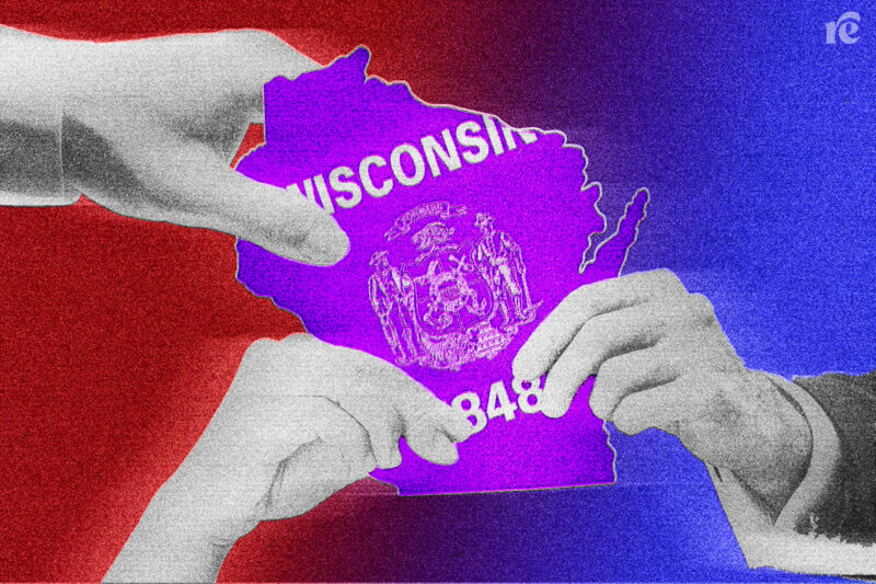 three hands grabbing the outline of the state of Wisconsin