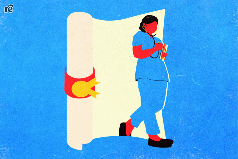 Illustration of a nurse leaning against a diploma