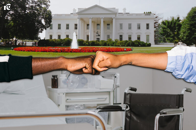 Two hands fist bumping. An image of the White House on the top half and an image of a medical facility on the bottom.