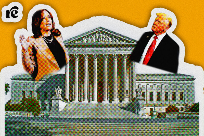 Kamala Harris and Donald Trump on either side of the Supreme Court building