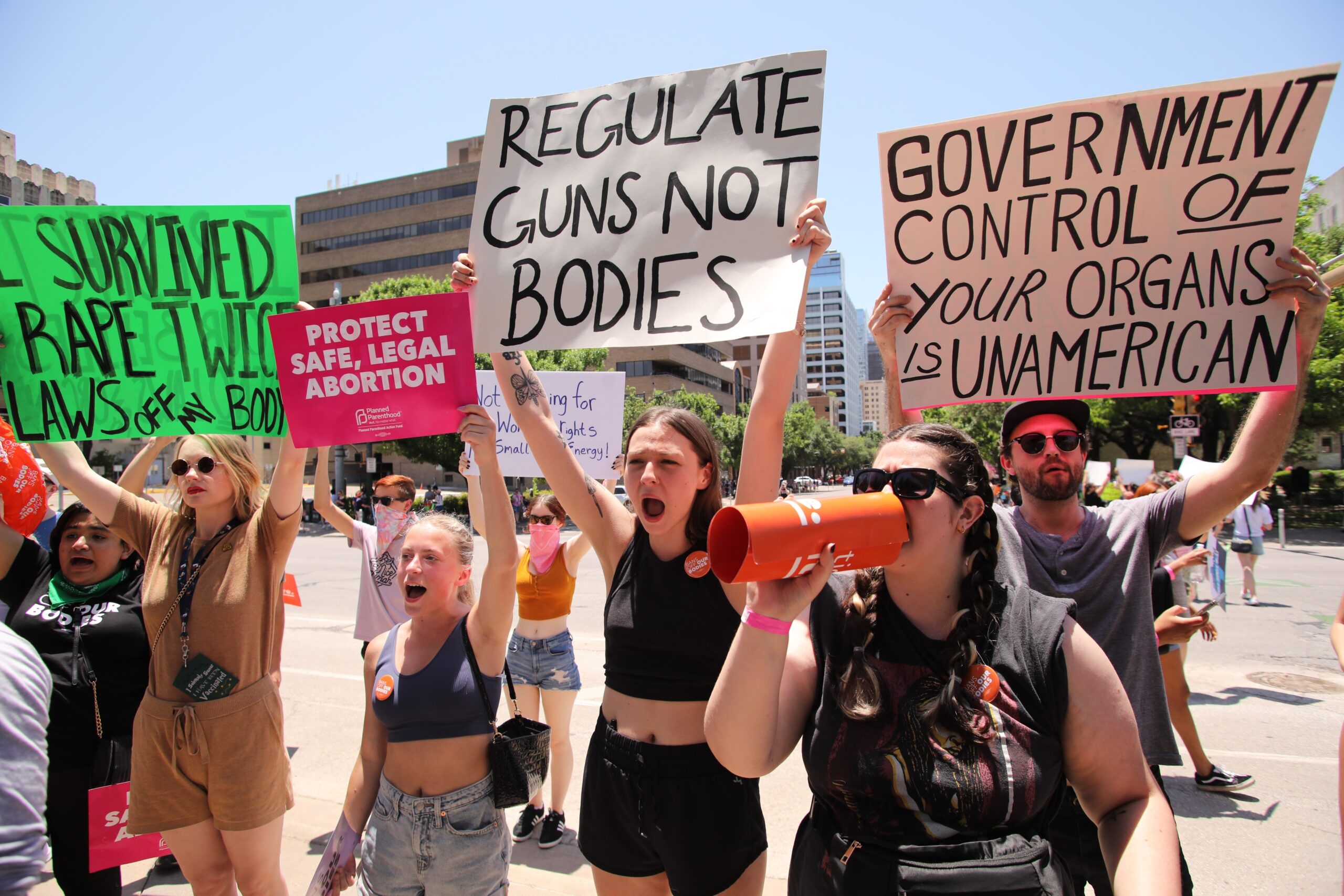 Pro-choice demonstrators at the Texas Capitol in Austin, Texas protest the leaked draft Supreme Court decision that would reverse Roe v. Wade on May 14, 2022.