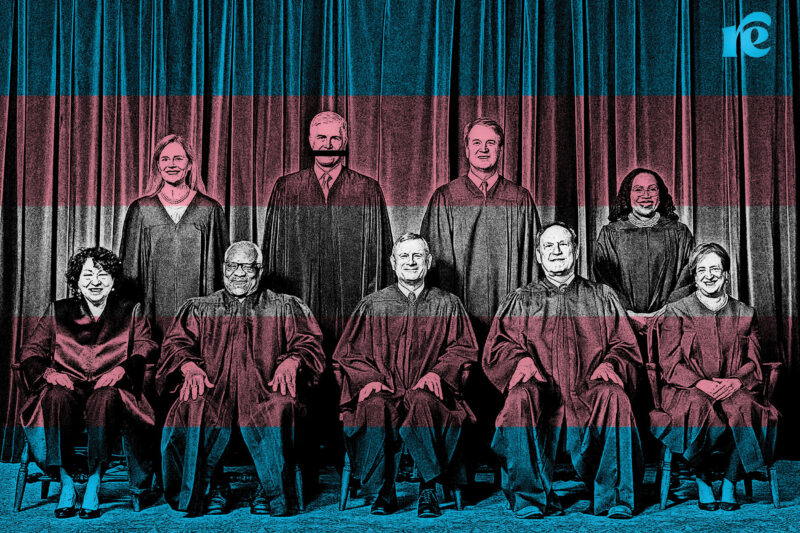 United States Supreme Court justices with the trans pride flag overlaid