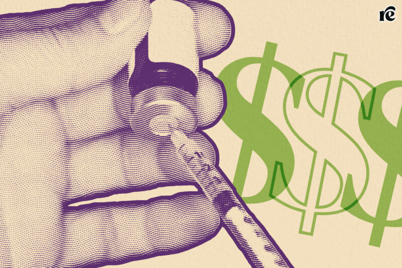 A hand holding a syringe with dollar signs behind it