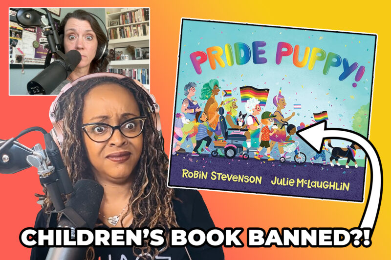 Jessica Mason Pieklo and Imani Gandy making concerned faces in front of mics. Image of the book