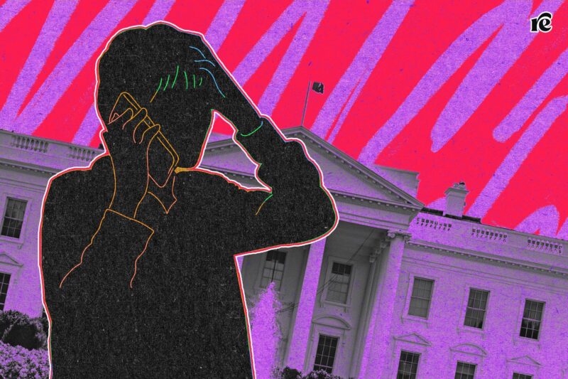 Illustration of someone on the phone holding their head in their hand. The White House is in the background