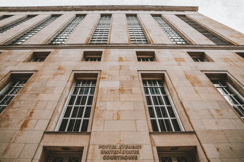 Photograph of the outside of the Potter Stewart United States Courthouse in Cincinnati, Ohio. The court is home to the U.S. Sixth District Court of Appeals.