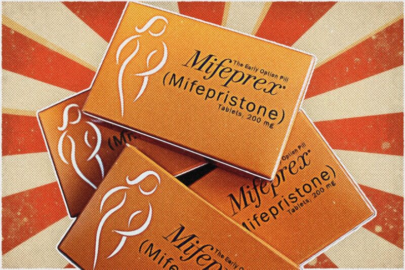 For boxes of mifepristone over a striped, orange and white background.
