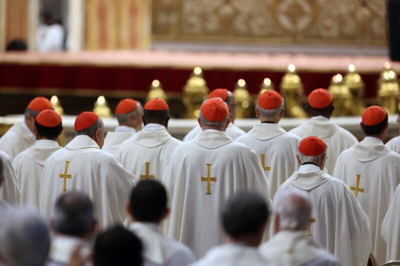 Vatican City, Italy 05-03-2025: Cardinals from behind wearing skullcaps. Cardinal Fernandez Artime presides over the eighth Mass of the Novendiali in suffrage of Pope Francis at the altar of St. Peter.