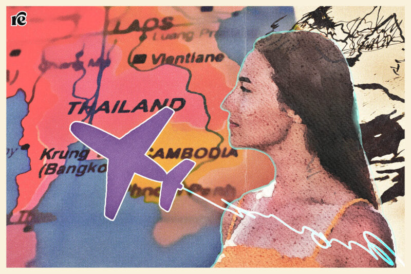 Illustration of an airplane flying to Thailand and a woman looking to the left